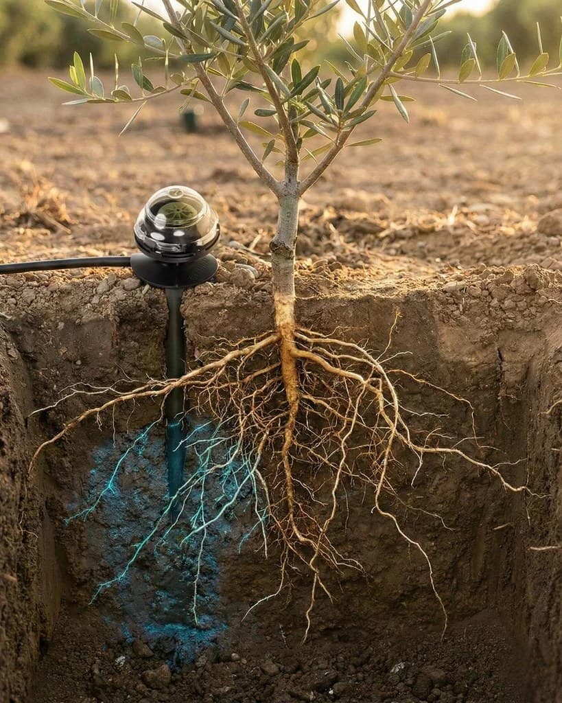 Young olive sapling with its root system visible in a soil cross-section, DeepDrop emitter at surface level and a blue glow showing water reaching the roots