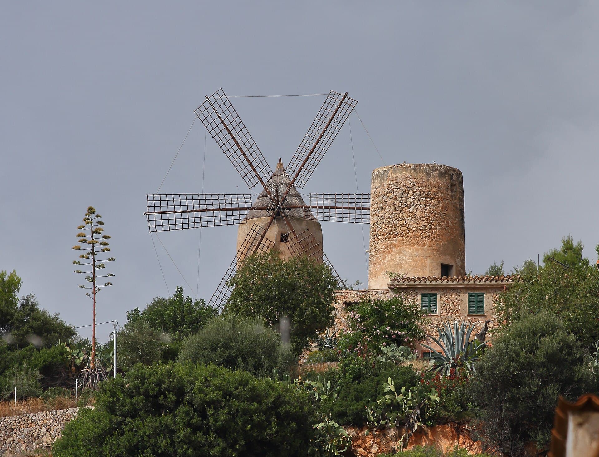 Molí tradicional mallorquí de torre de pedra amb atzavara, Andratx, Mallorca