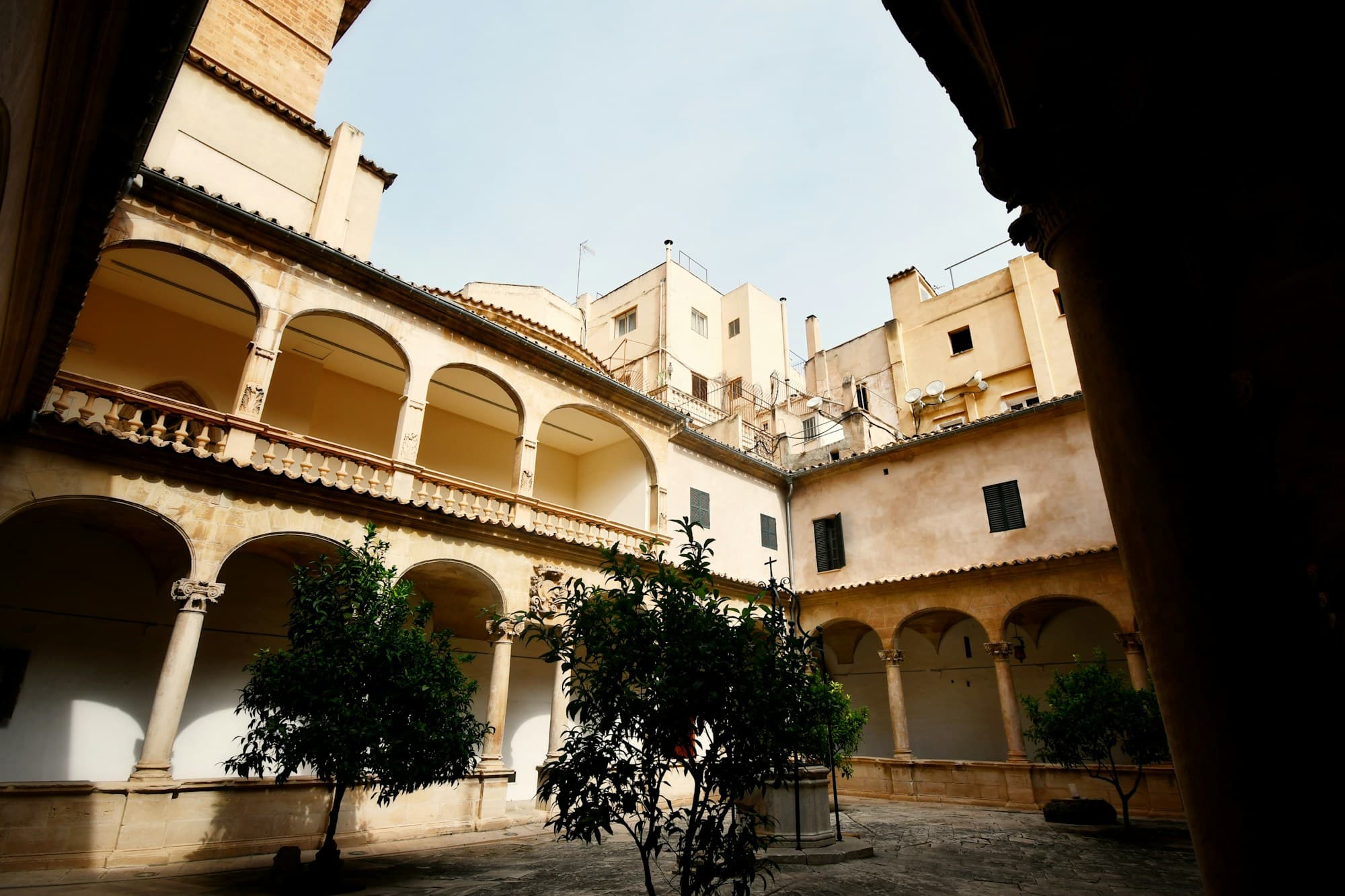 Disseny de pati entre apartaments amb palmeres, iuques i buganvíl·lies a Mallorca
